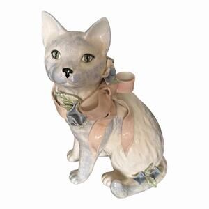 VTG 1987 Signed "Kellie" Ceramic Cat Statue - Large 12" White Kitty Pink Ribbon